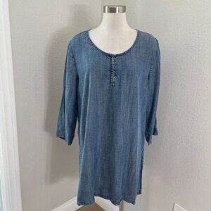 Soft Surroundings Womens  XL Chambray Embroidered Tunic Top Embroidered Floral